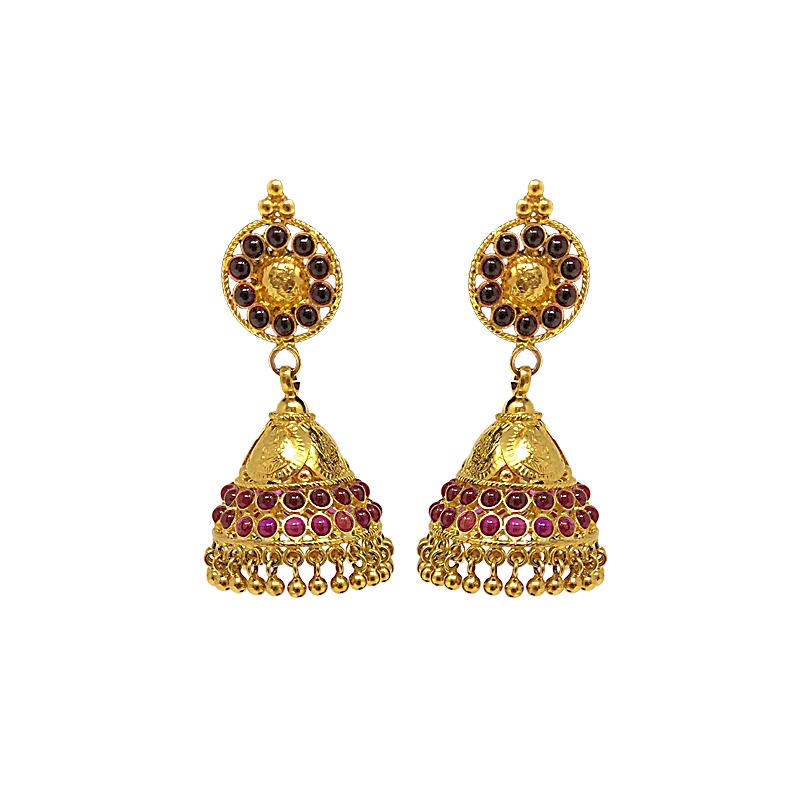 22K Gold Plated Floral Ruby And Emerald Stuuded Jhumkas  Curio Cottage