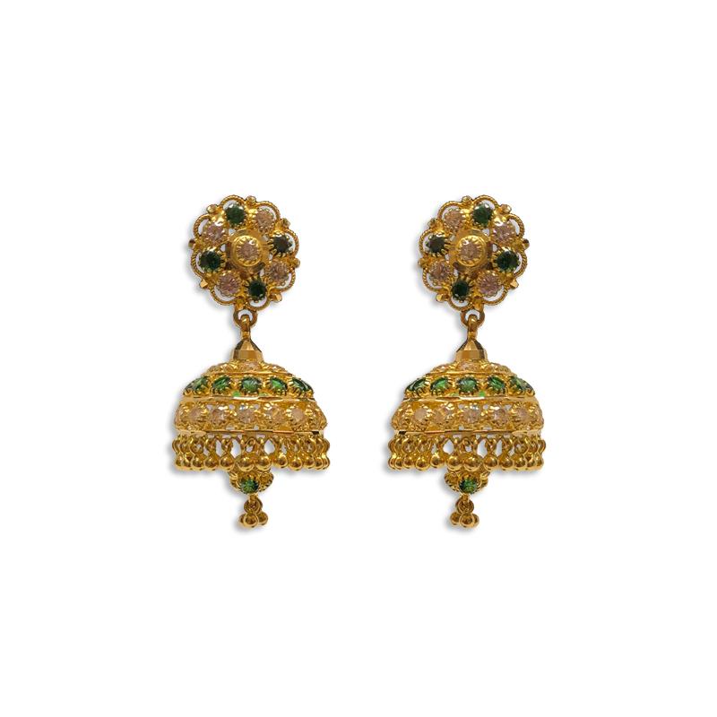 Gold white stone shop jhumkas